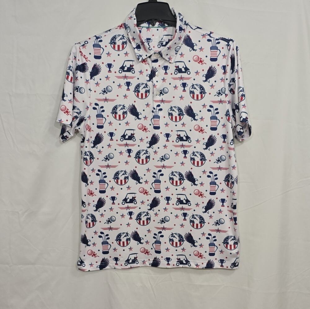 PPOLAFLON Mens M Golf Polo Shirt Short Sleeve Stretch Patriotic Graphic Print